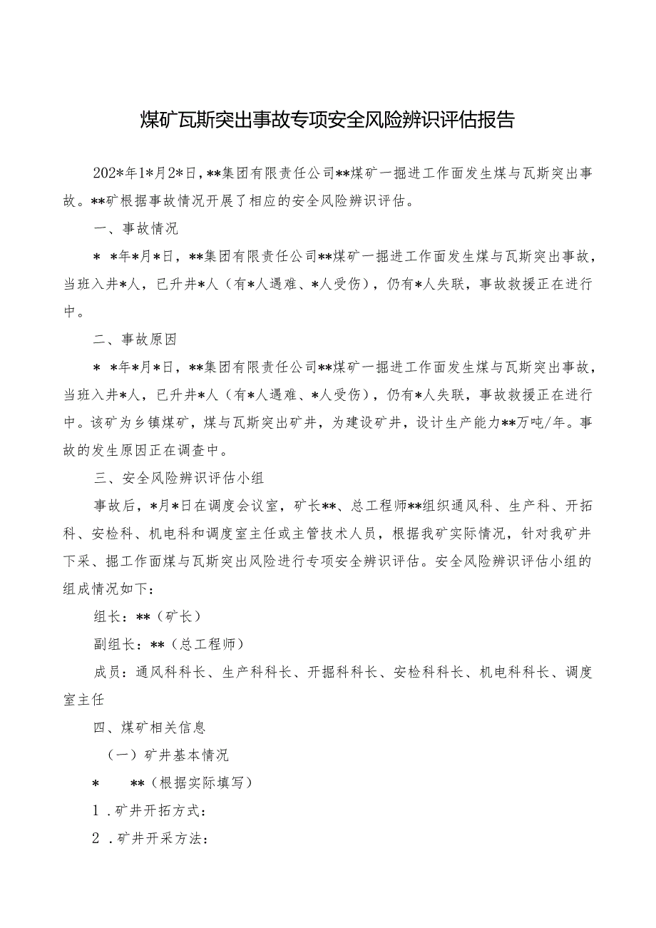 煤矿瓦斯突出事故专项安全风险辨识评估报告 - 副本.docx_第1页