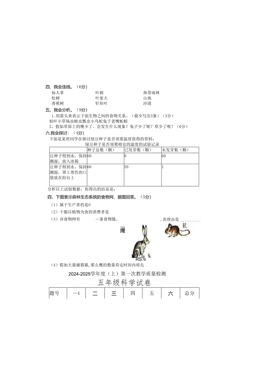 五年级上册科学月考测试第一次测试_20242024学年陕西省咸阳市泾阳县云阳镇中学（教科版word无答案）.docx_第1页