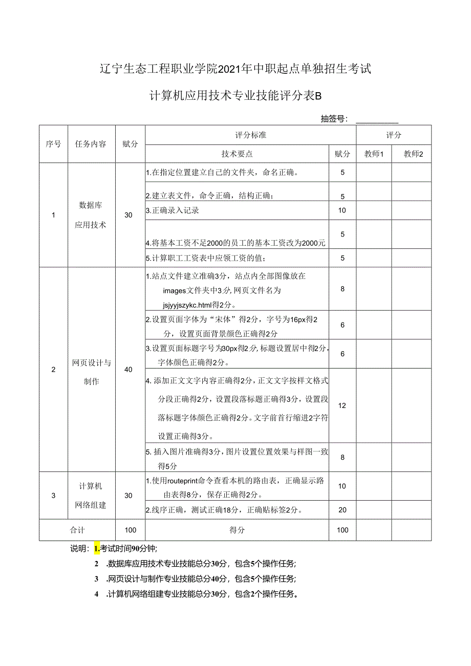 辽宁生态工程职业学院21年单招计算机应用技术技能评分表B.docx_第1页