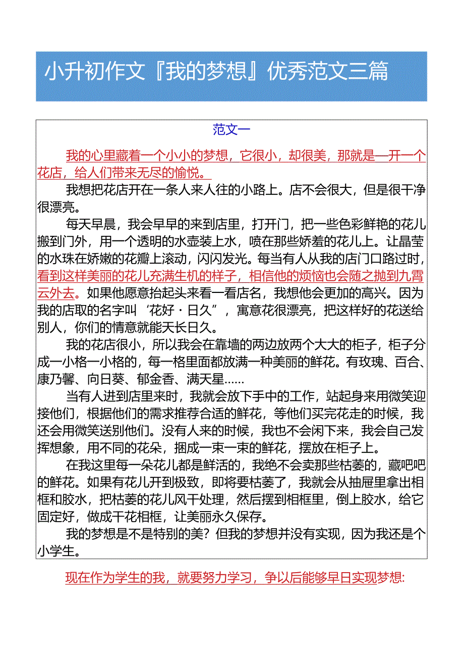 小升初作文我的梦想优秀范文三篇.docx_第1页