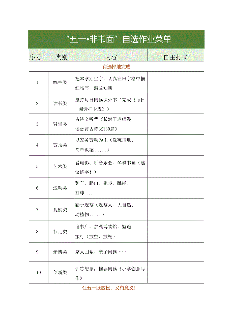 五年级节假日作业：五一非书面作业菜单.docx_第1页