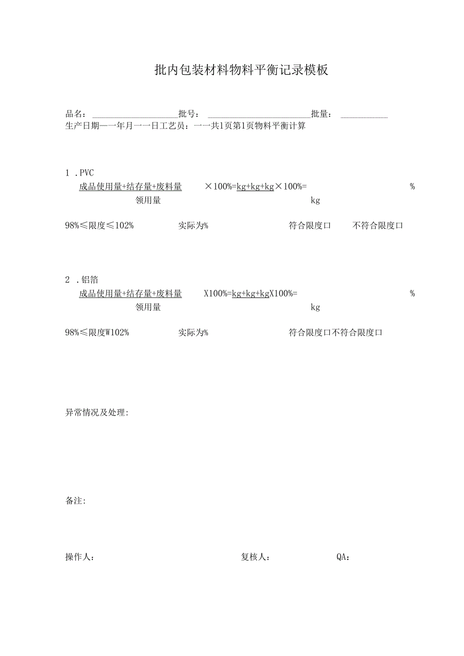 批内包装材料物料平衡记录模板.docx_第1页