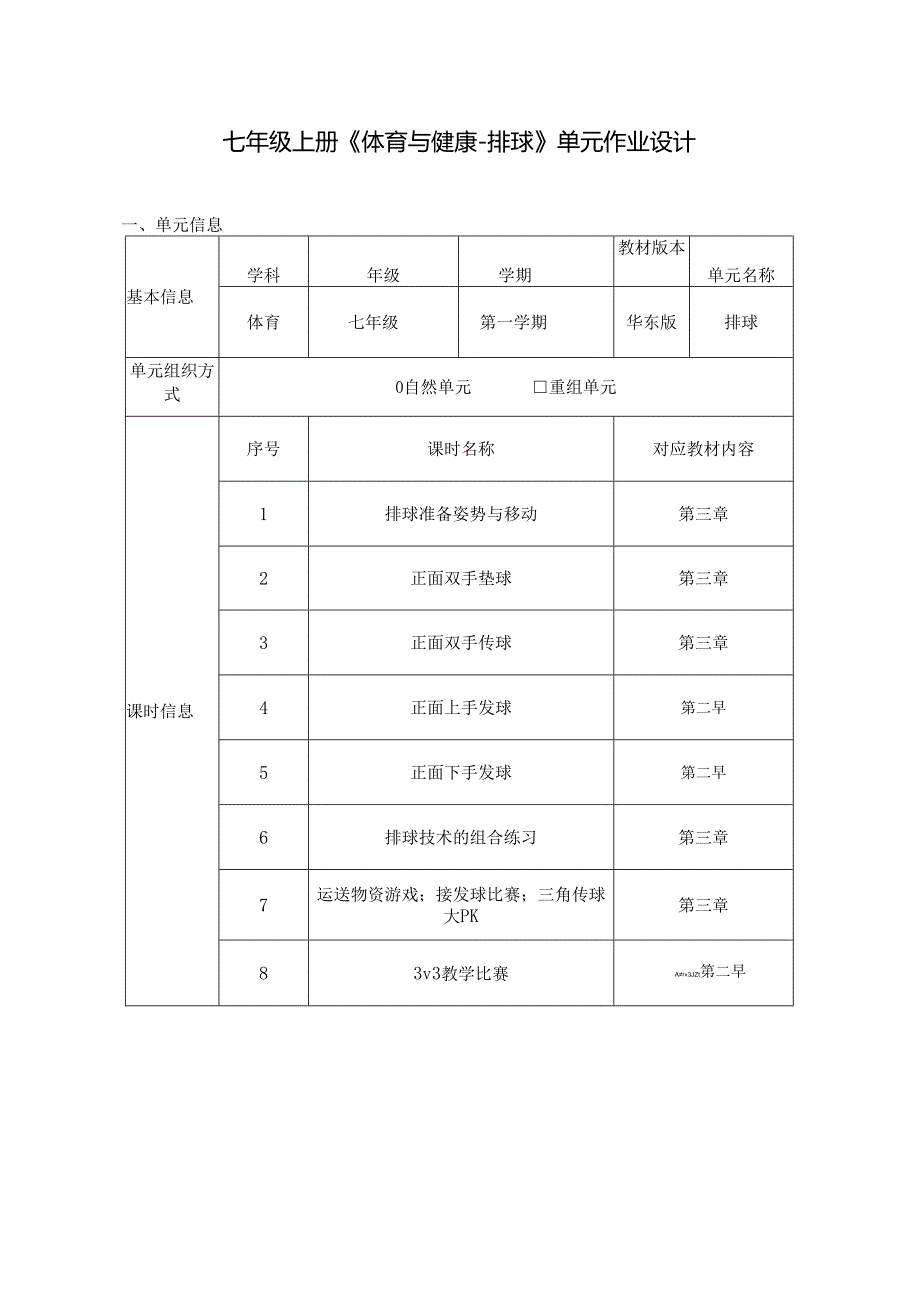 七年级上册《体育与健康-排球》单元作业设计 (优质案例31页).docx_第1页