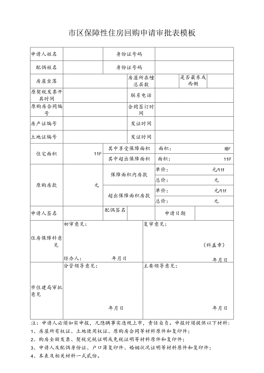 市区保障性住房回购申请审批表模板.docx_第1页