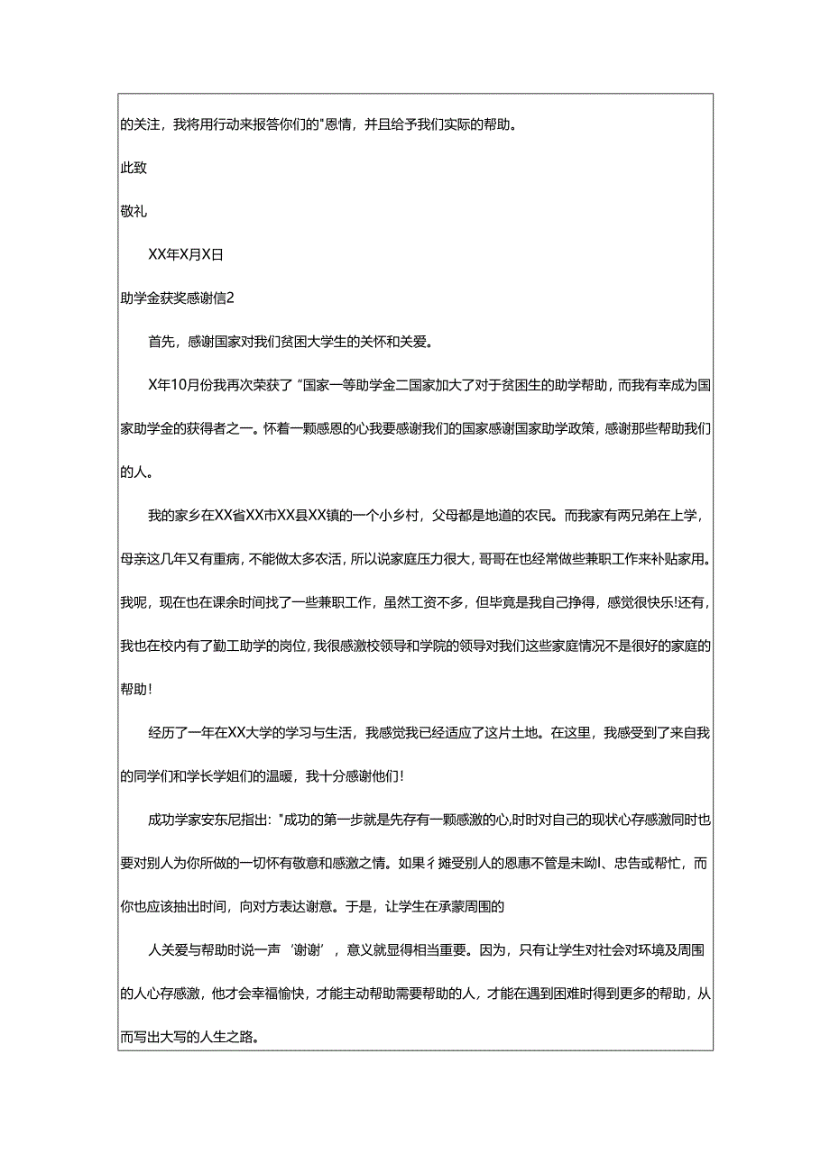 2024年助学金获奖感谢信.docx_第1页