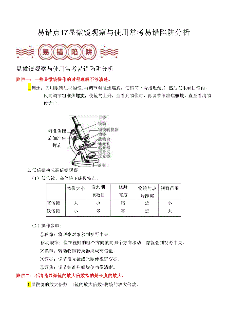 易错点17 显微镜观察与使用常考易错陷阱分析（解析版）.docx_第1页