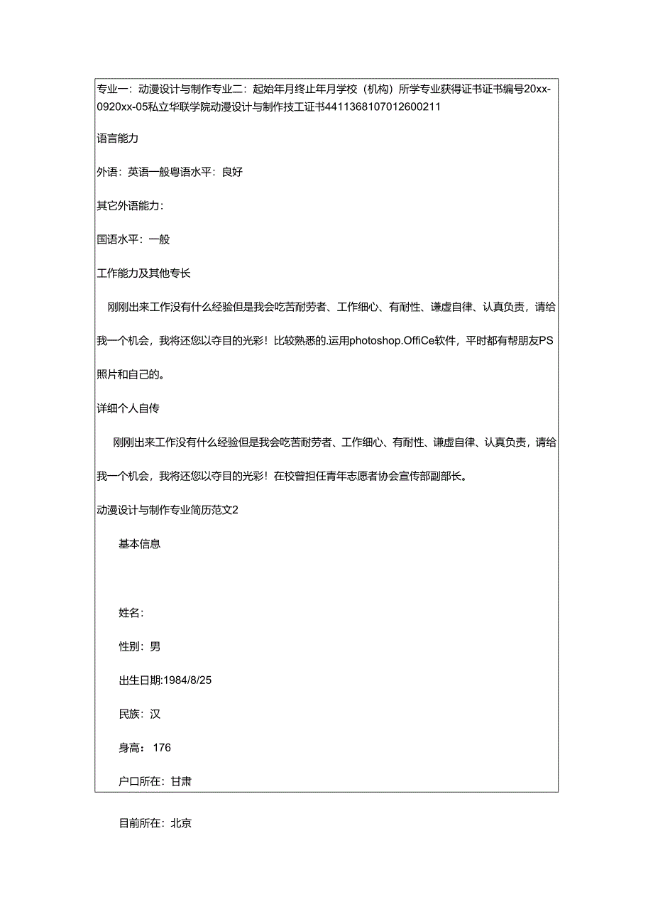 2024年动漫设计与制作专业简历.docx_第2页