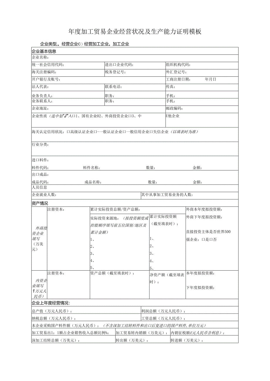 _____年度加工贸易企业经营状况及生产能力证明模板.docx_第1页