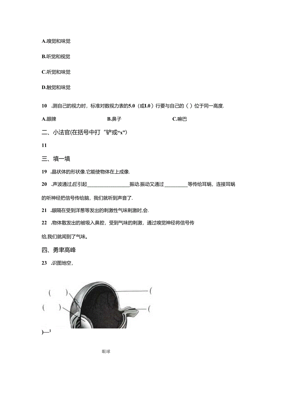 青岛版科学六年级下册第一单元人体感知环境分层训练（A卷）.docx_第2页