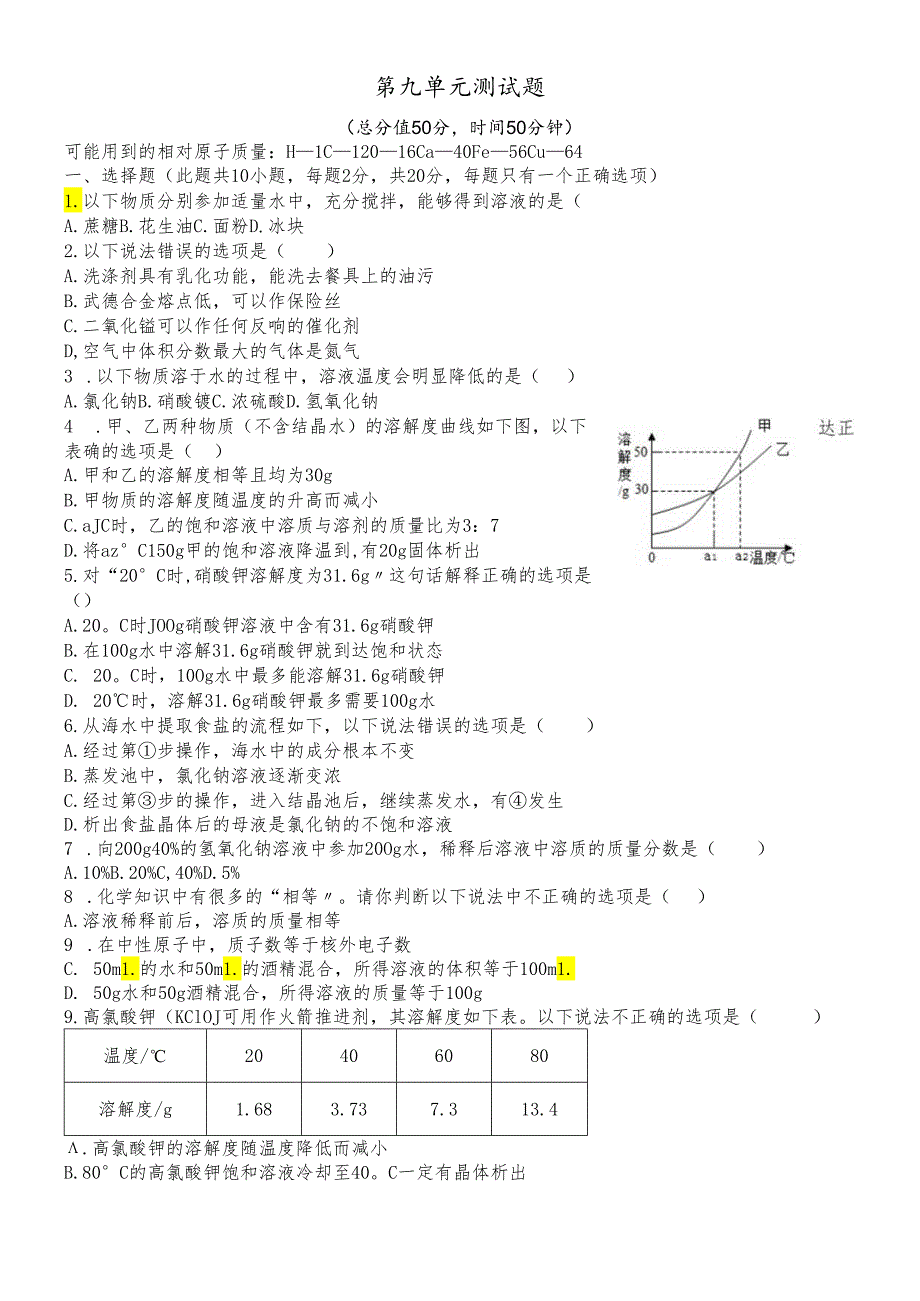 人教版九年级下册 第九单元溶液 自测题（有答案）.docx_第1页