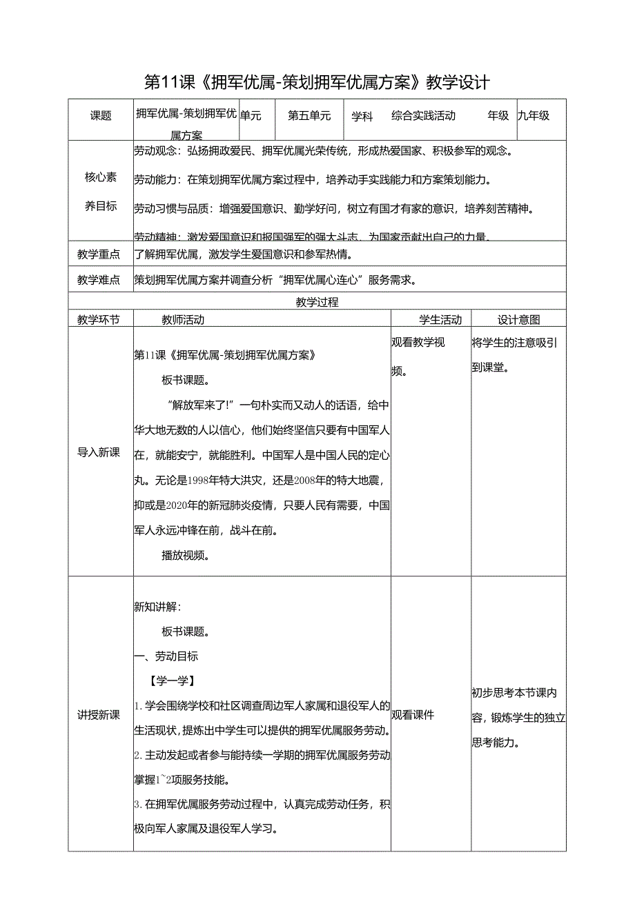 湘民版劳动实践九年级下册任务五第1课策划拥军优属方案 教案.docx_第1页