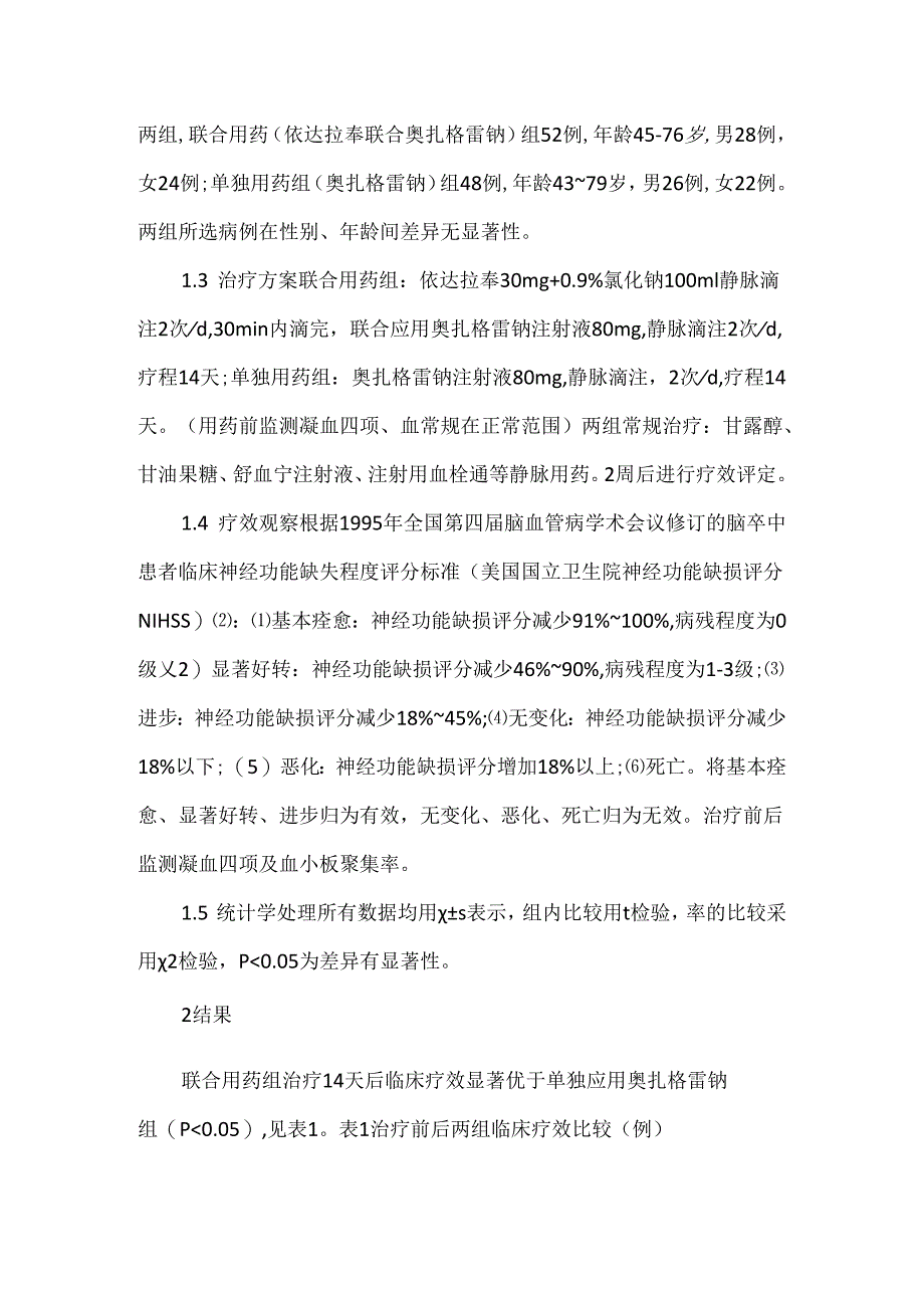 关于依达拉奉联合奥扎格雷钠注射液治疗脑梗死疗效观察.docx_第2页