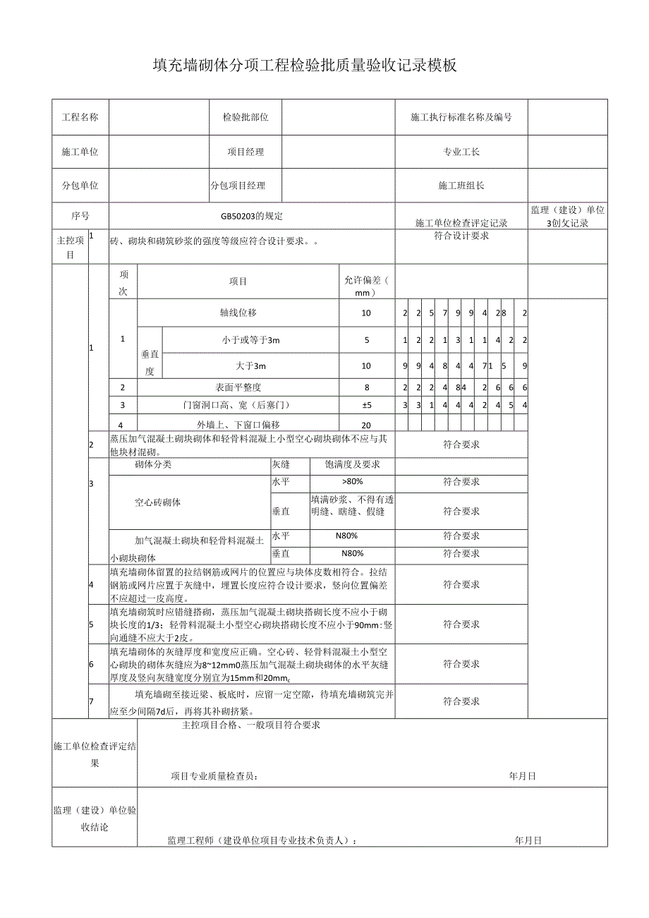 填充墙砌体分项工程检验批质量验收记录模板.docx_第1页