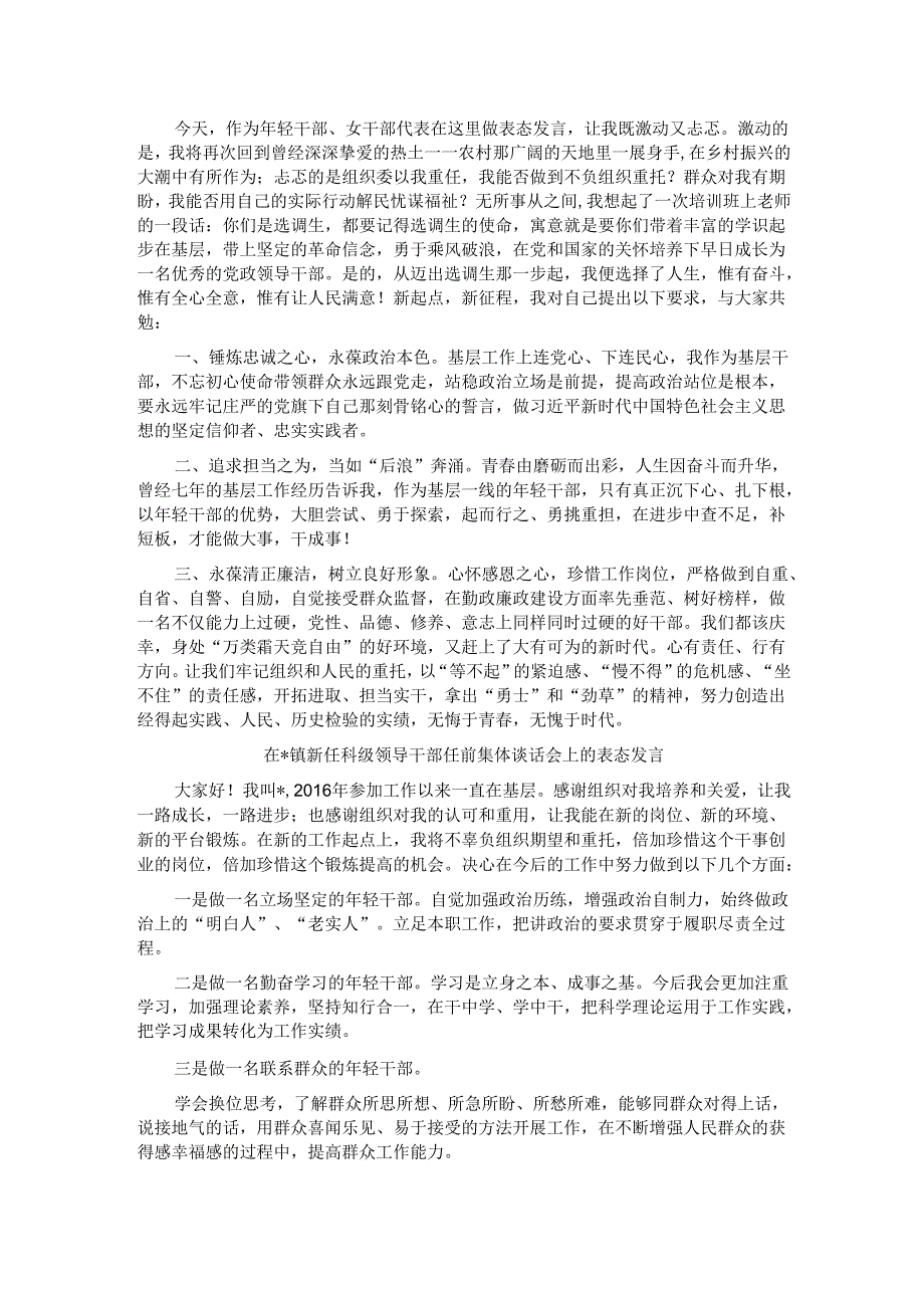 在镇新任科级领导干部任前集体谈话会上的表态发言（5篇）.docx_第1页