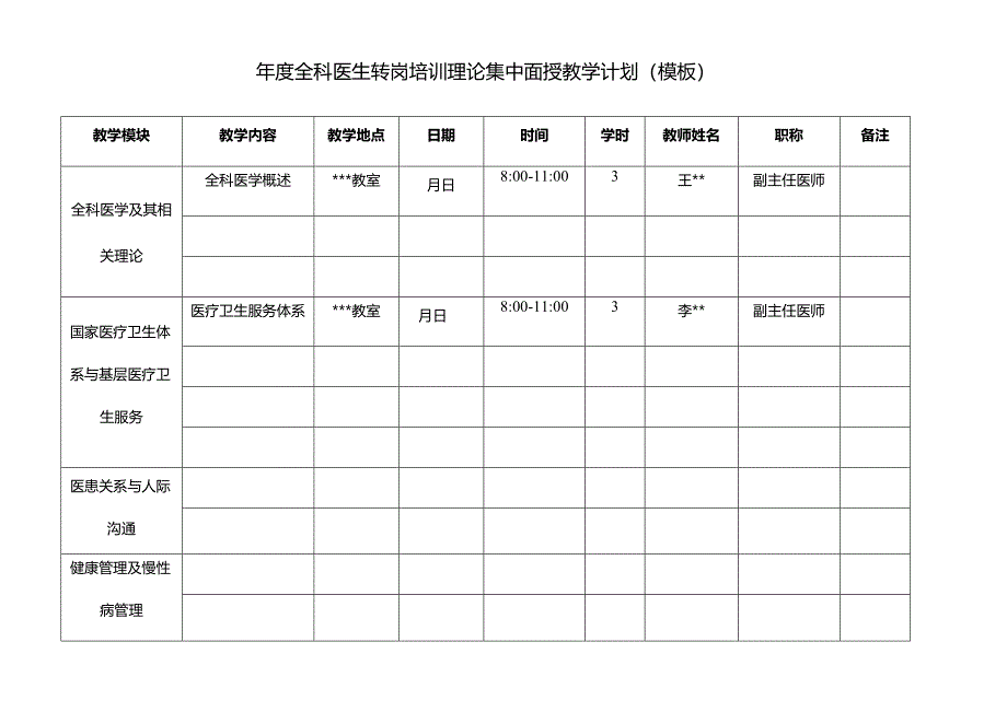 医院全科医生转岗培训理论集中面授教学计划（模板）.docx_第1页