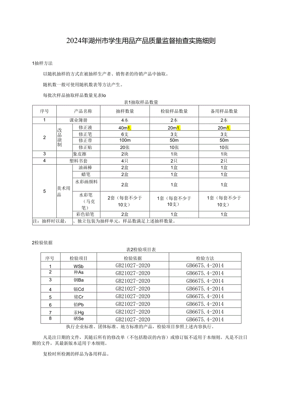 2024年湖州市学生用品产品质量监督抽查实施细则.docx_第1页