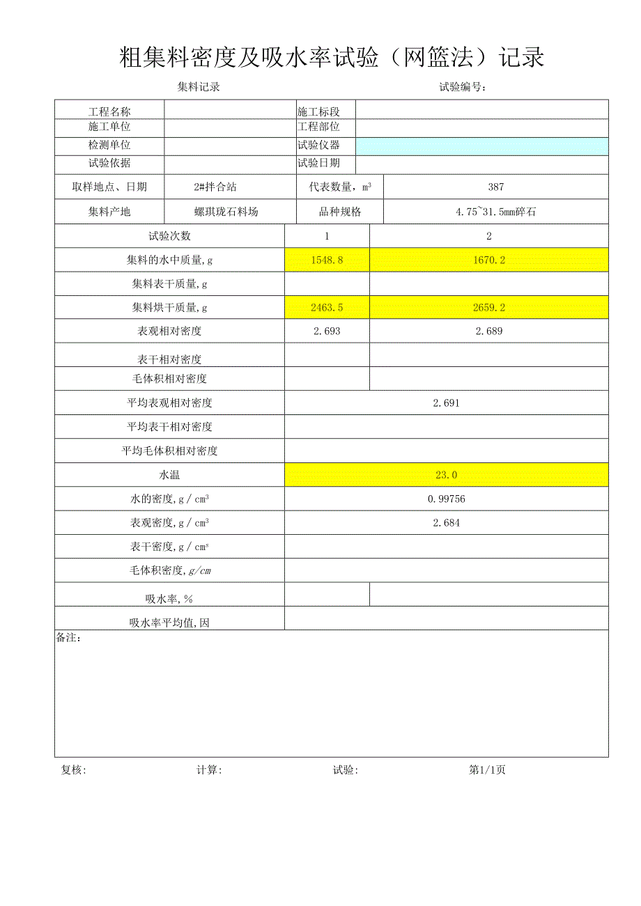 粗集料密度及吸水率试验（网篮法）记录表.docx_第1页