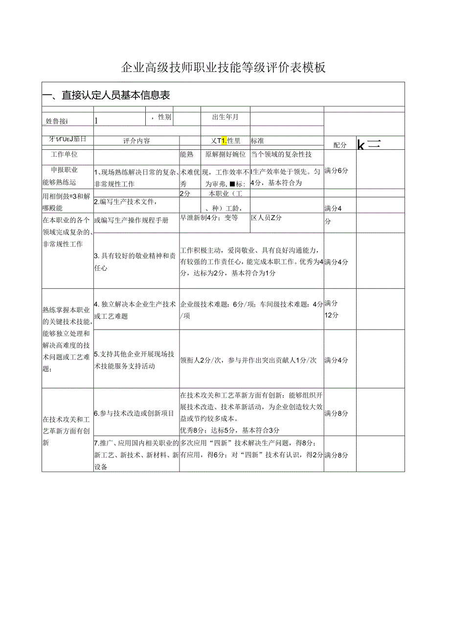 企业高级技师职业技能等级评价表模板.docx_第1页