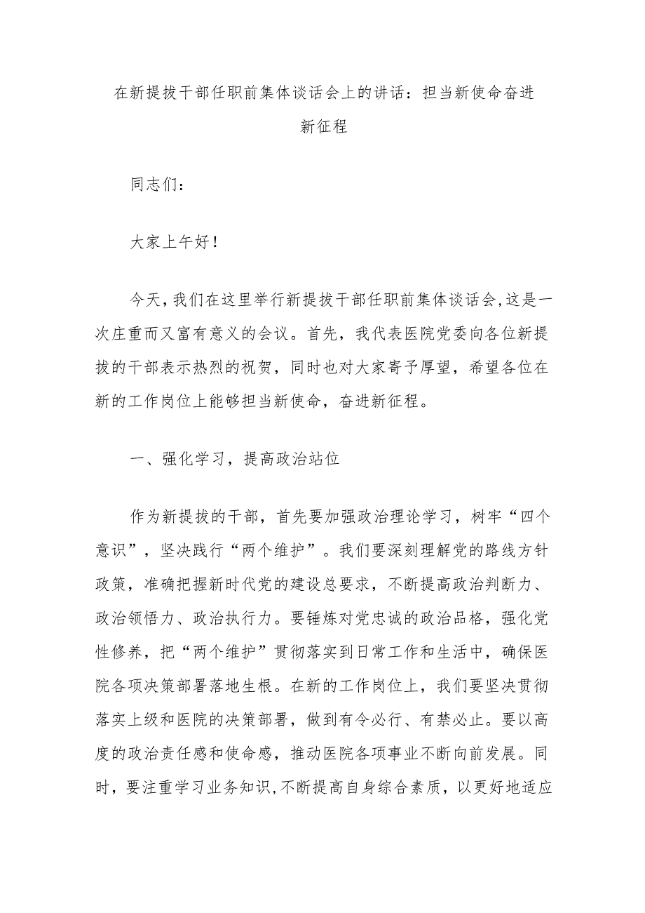 在新提拔干部任职前集体谈话会上的讲话：担当新使命奋进新征程.docx_第1页