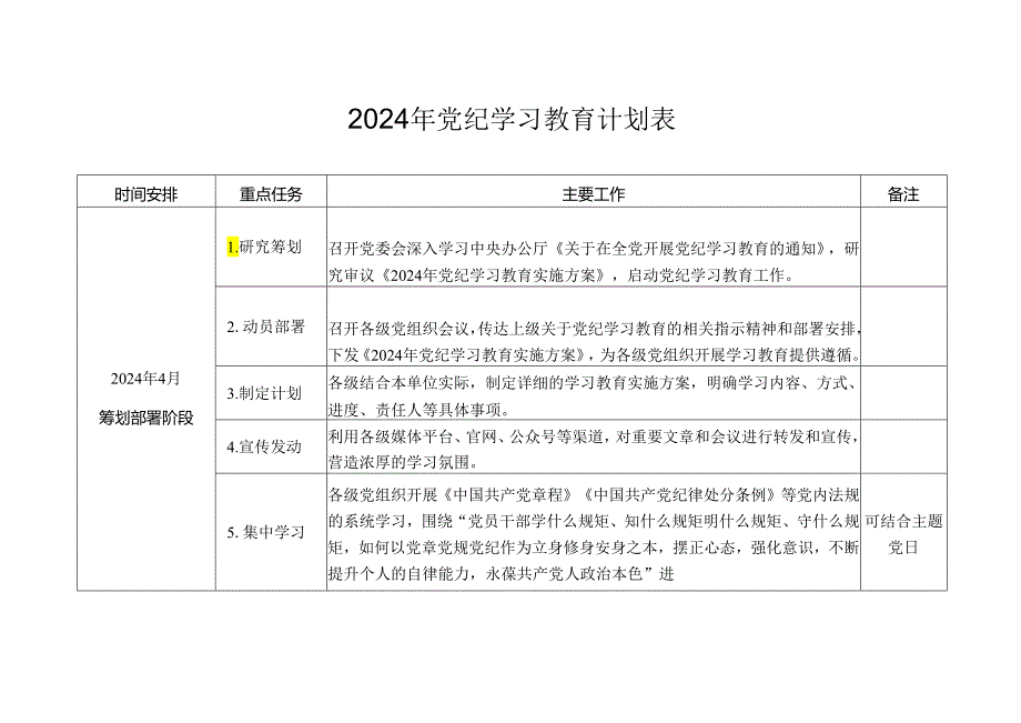 2024年开展党纪学习教育计划表.docx_第1页