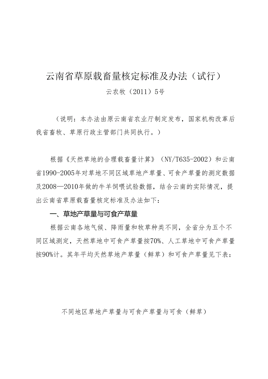 云南省草原载畜量核定标准及办法（试行）.docx_第1页