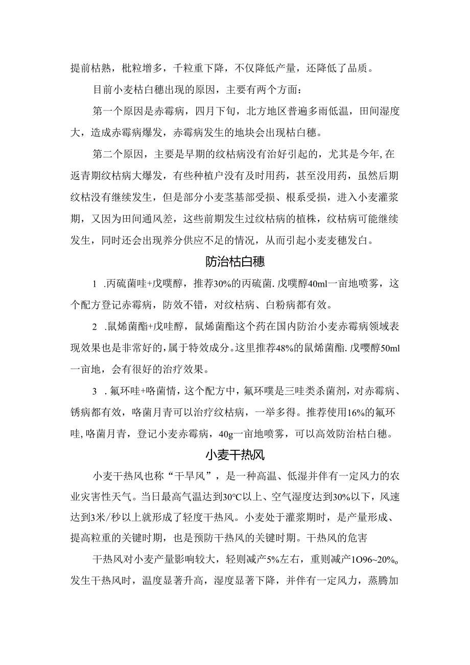 农业生产小麦灌浆后期枯白穂现象原因、因素、药剂防治及小麦干热风和防范措施.docx_第2页