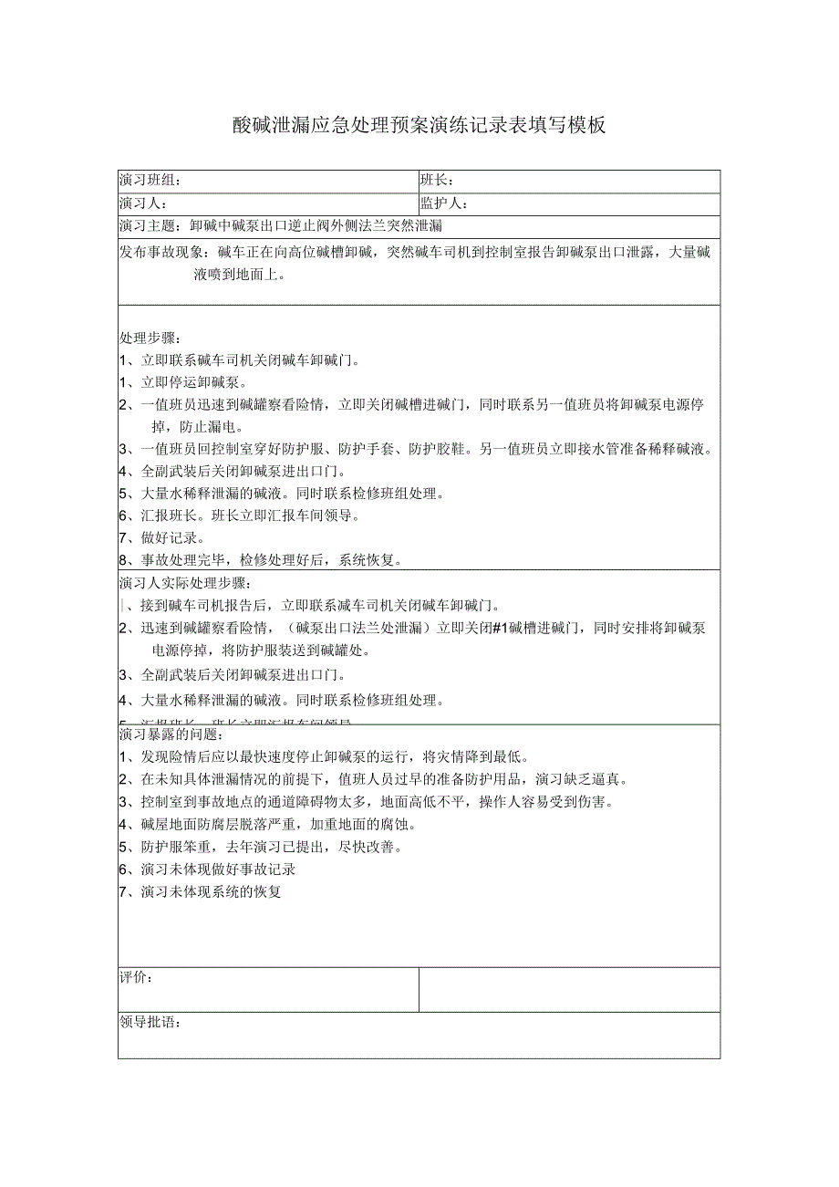 酸碱泄漏应急处理预案演练记录表填写模板.docx_第1页