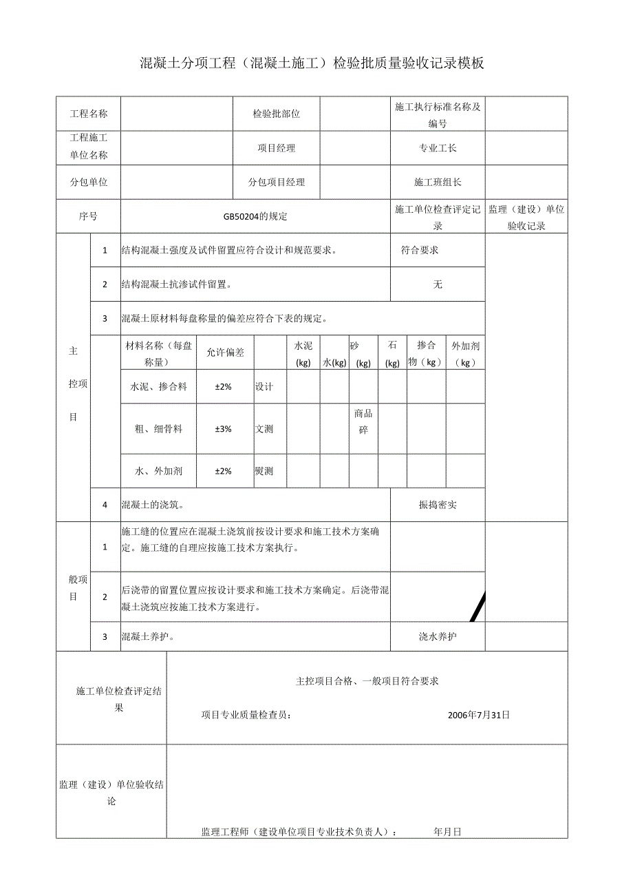 混凝土分项工程(混凝土施工)检验批质量验收记录模板.docx_第1页