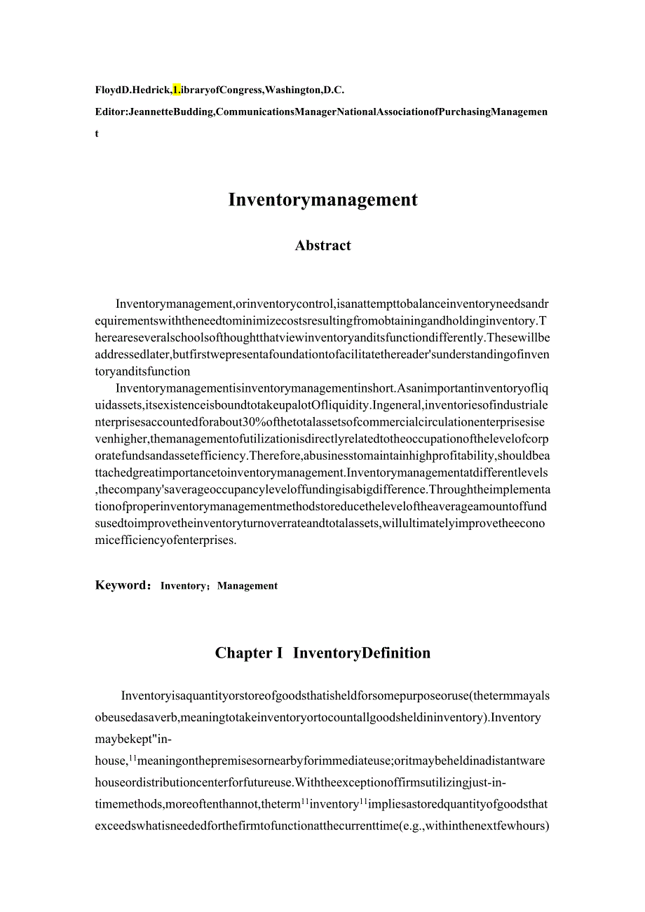 Inventory management 库存管理 -外文翻译.docx_第1页