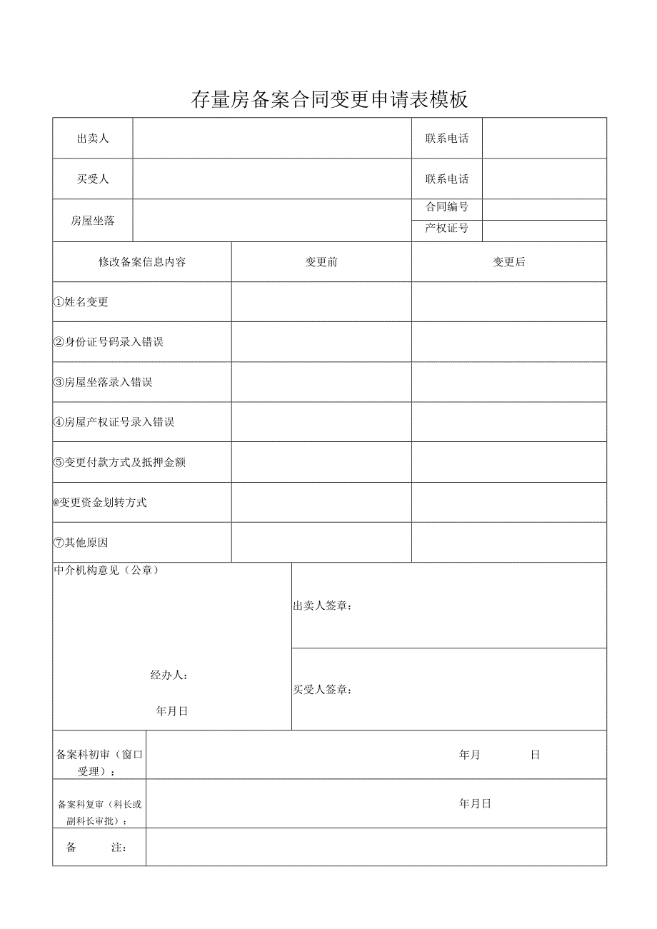 存量房备案合同变更申请表模板.docx_第1页