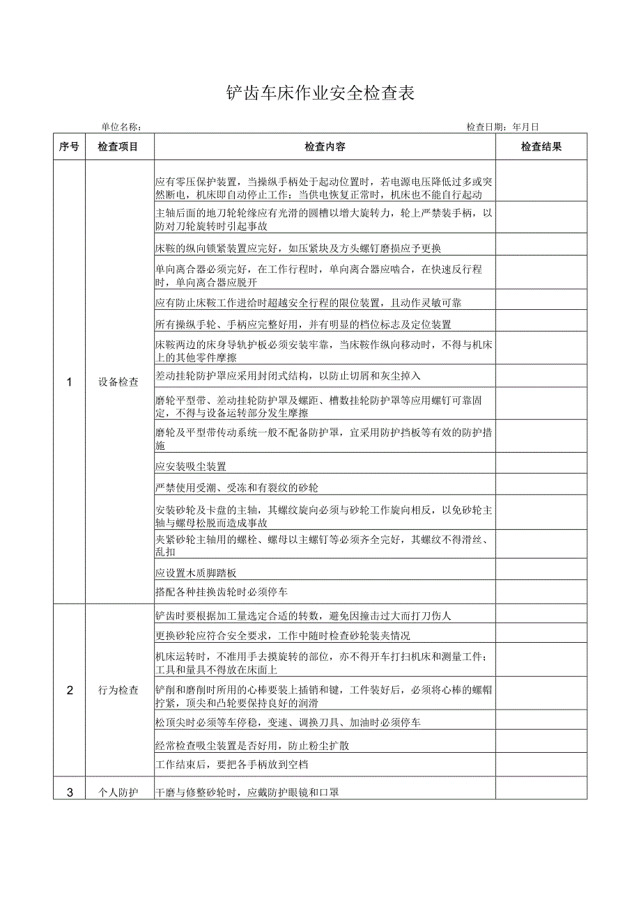 铲齿车床作业安全检查表.docx_第1页