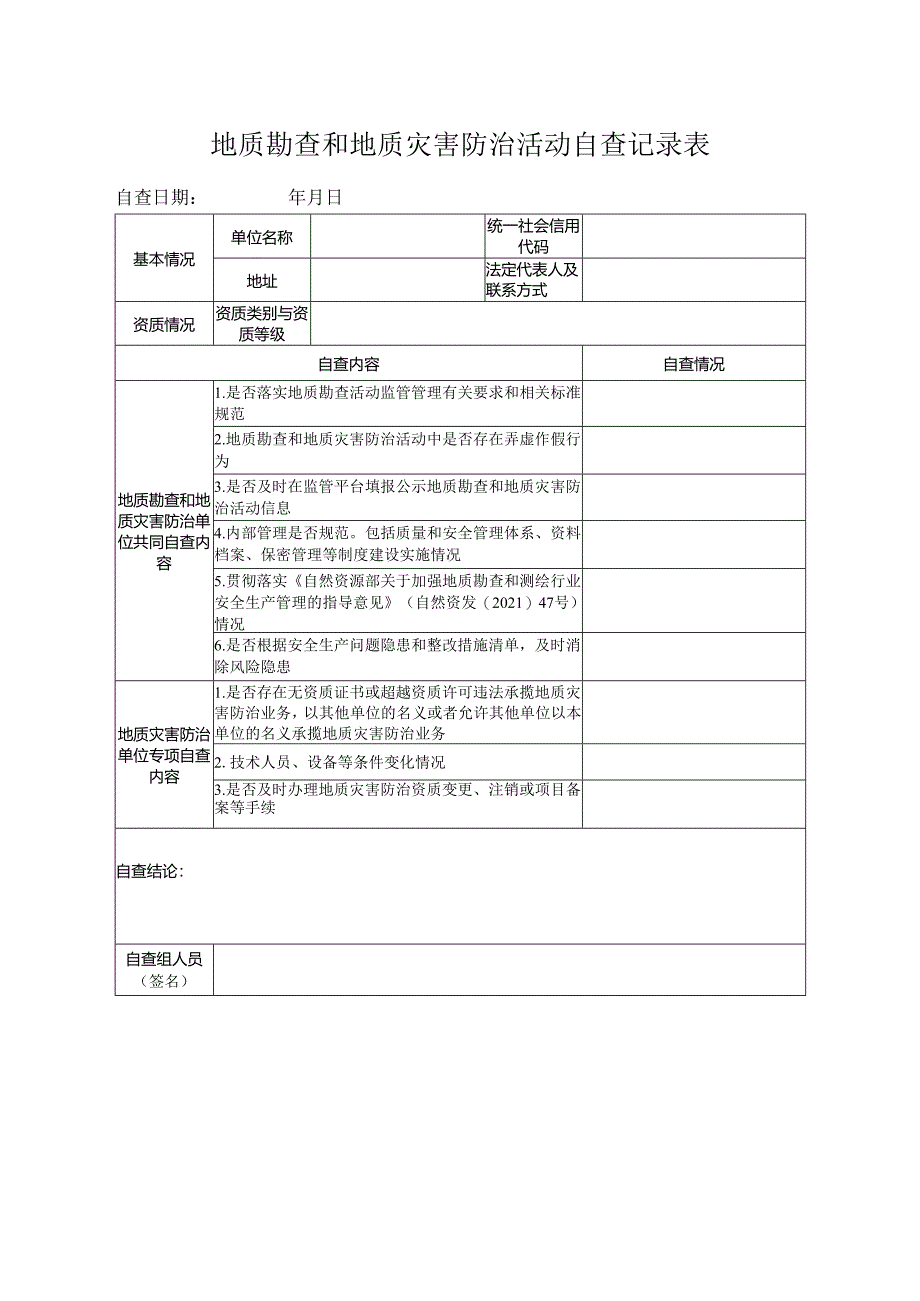 地质勘查和地质灾害防治活动自查记录表.docx_第1页