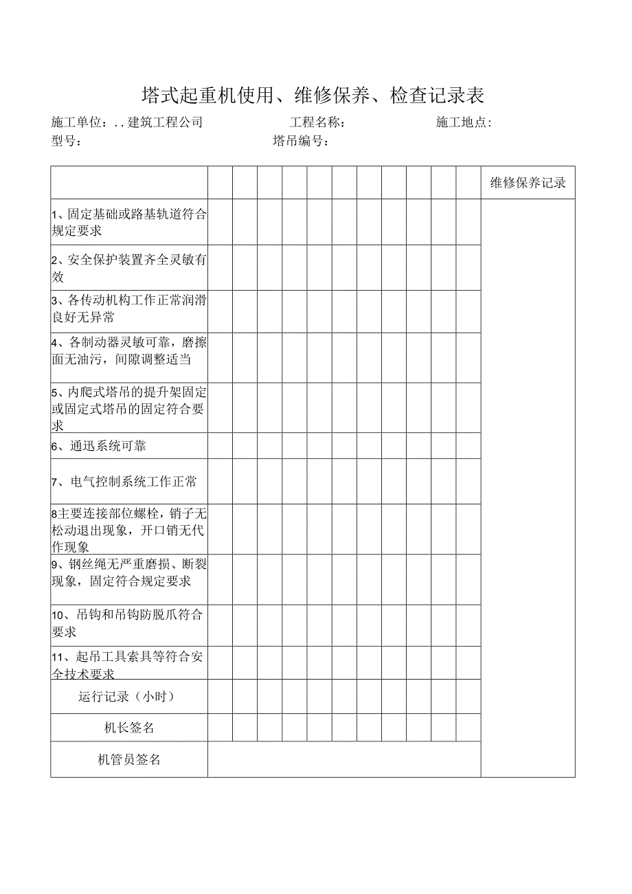 塔式起重机使用、维修保养、检查记录表.docx_第1页