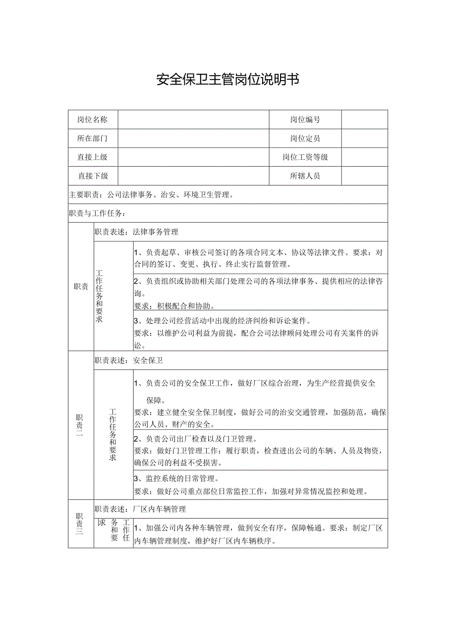 安全保卫主管岗位说明书.docx_第1页