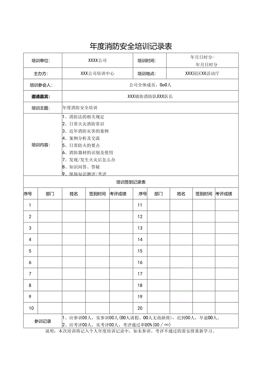 年度消防安全培训记录表精选5套.docx_第1页