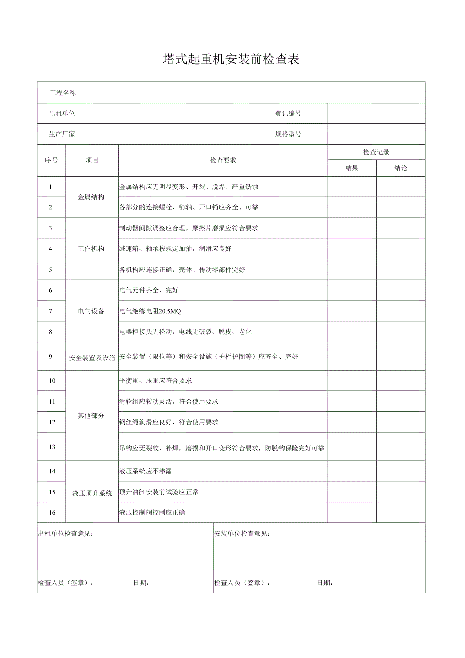 塔式起重机安装前检查表.docx_第1页