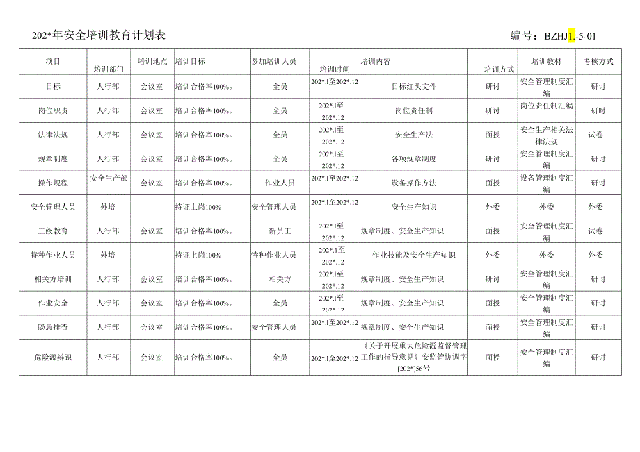 安全培训教育计划表.docx_第1页