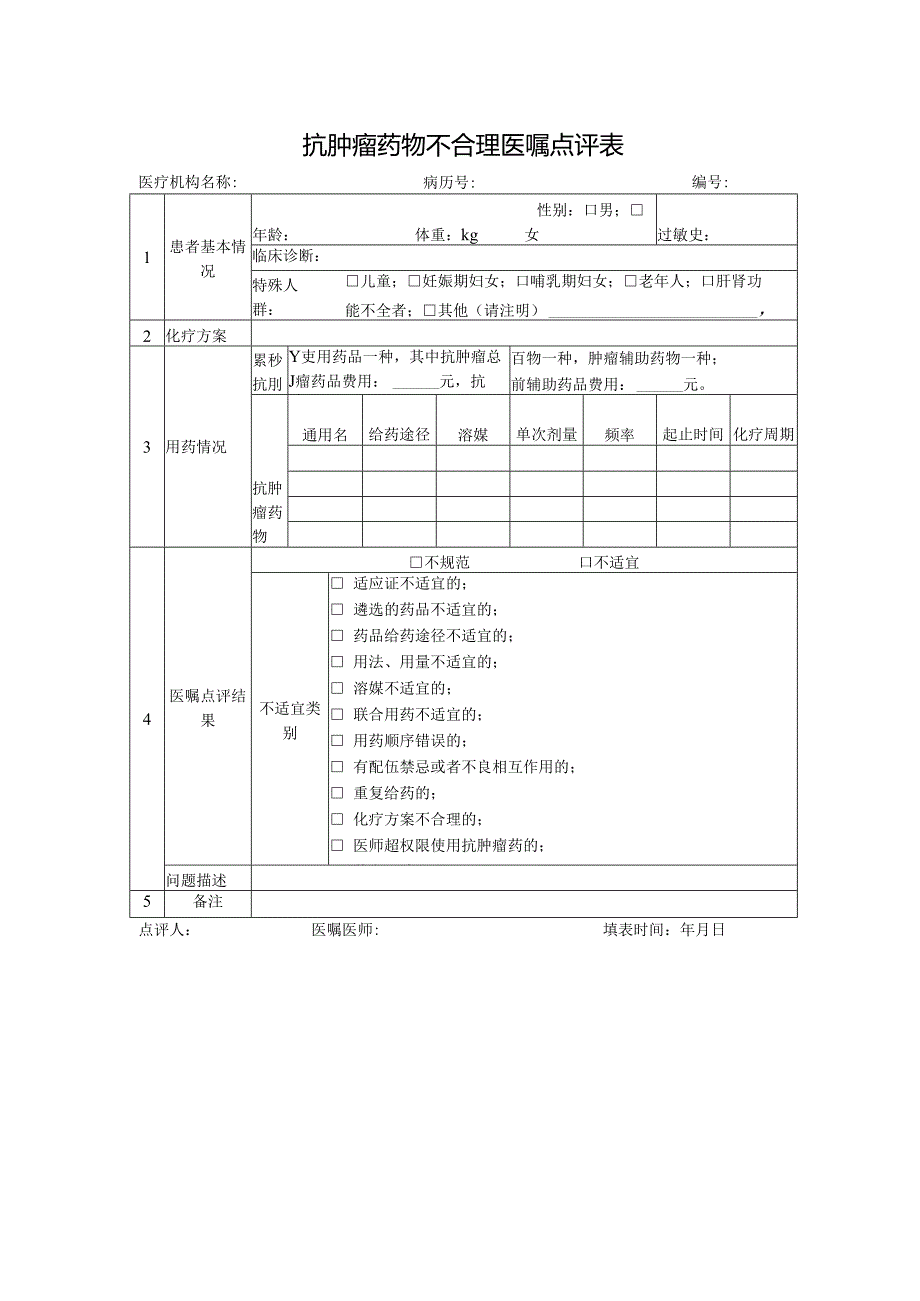 抗肿瘤药物不合理医嘱点评表.docx_第1页