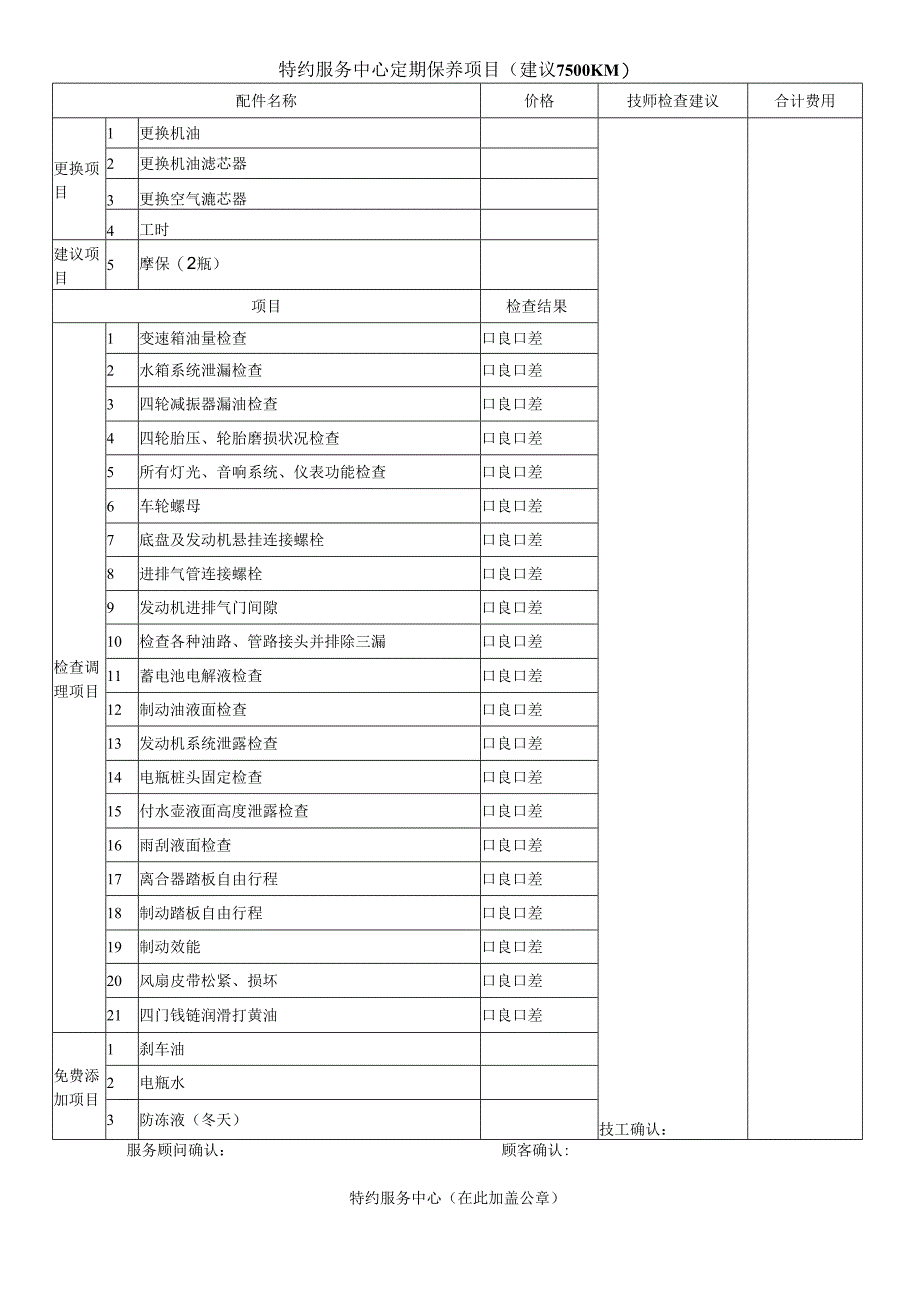 特约服务中心定期保养项目（建议7500KM）.docx_第1页