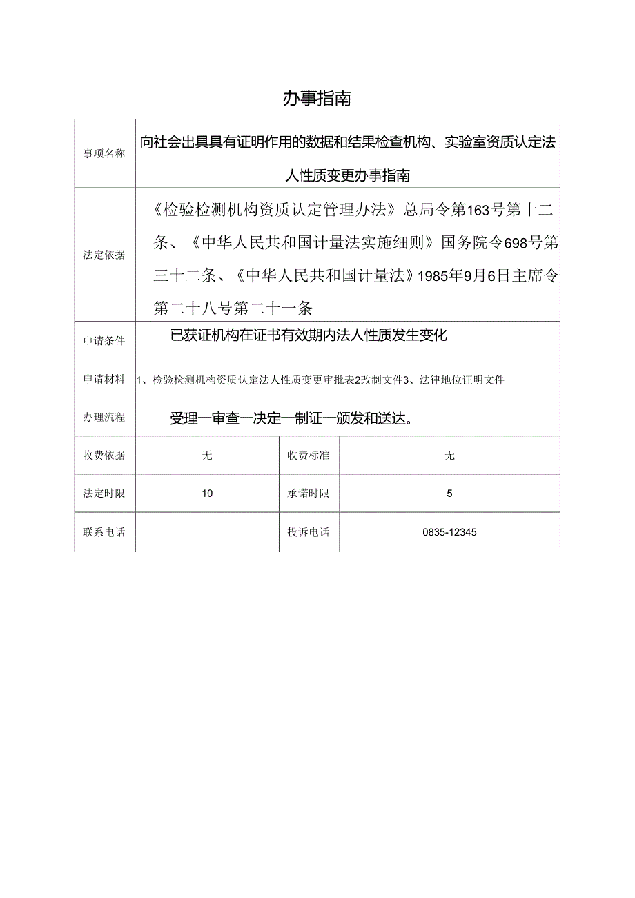 向社会出具具有证明作用的数据和结果检查机构、实验室资质认定法人性质变更办事指南.docx_第1页