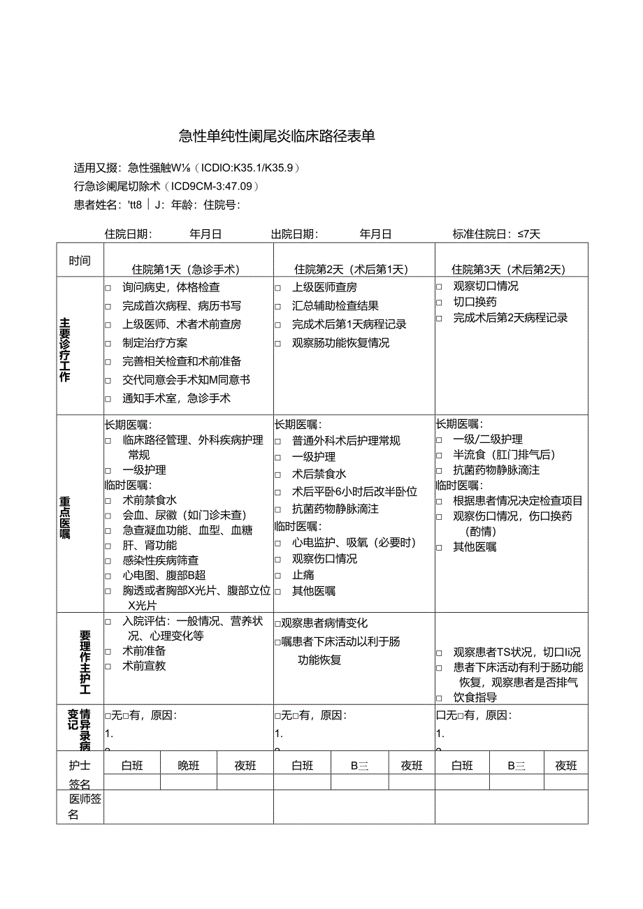 急性单纯性阑尾炎临床路径表单.docx_第1页