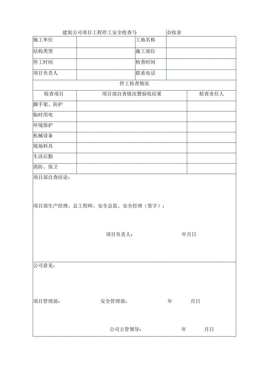 工程停工安全检查验收表.docx_第1页