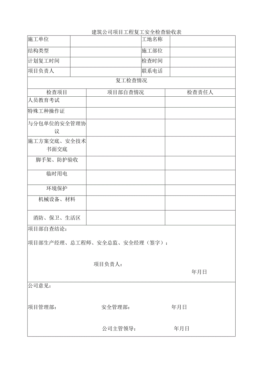 工程复工安全检查验收表.docx_第1页