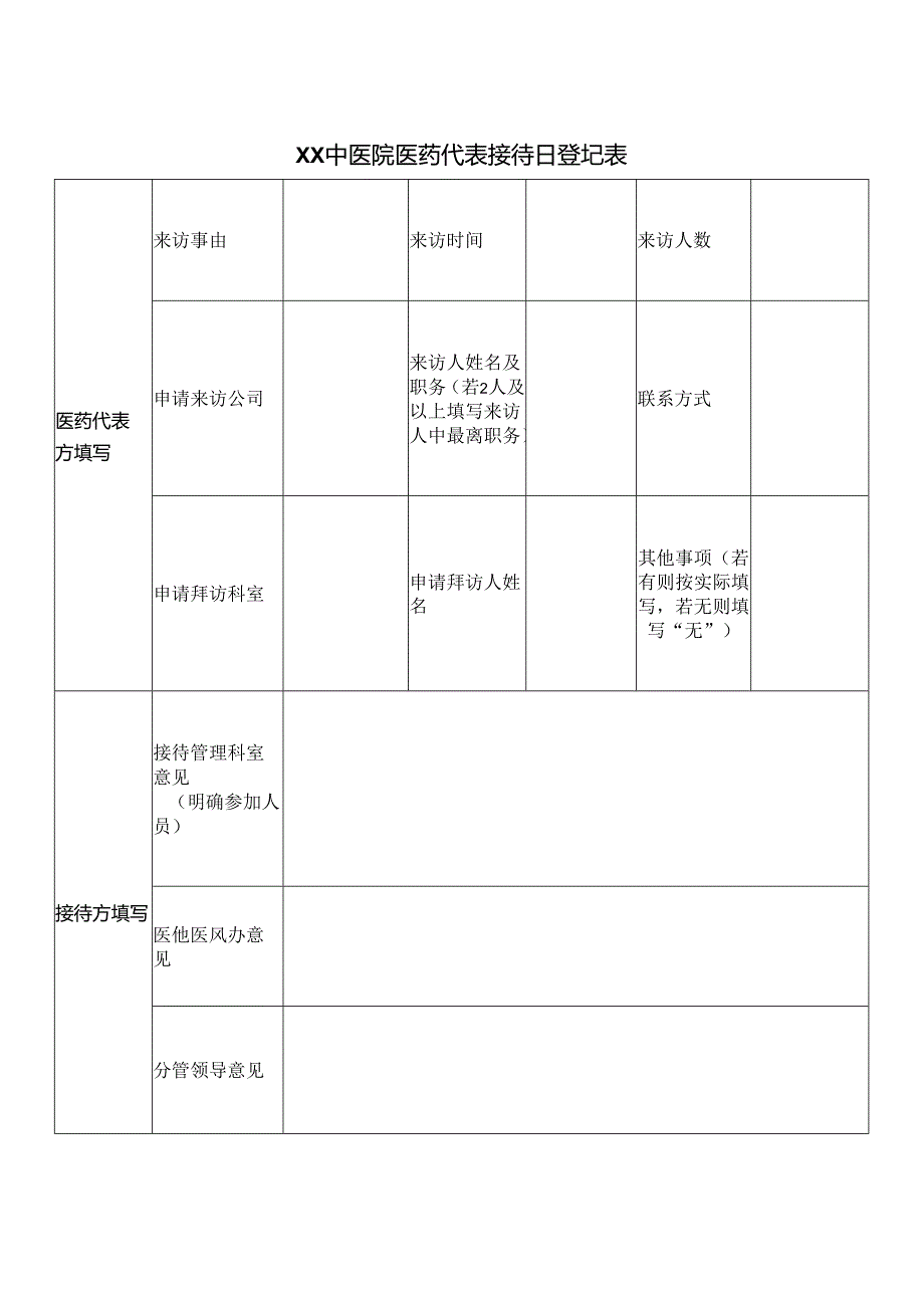 XX中医院医药代表接待日登记表（2024年）.docx_第1页