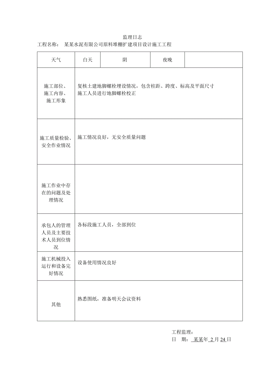 曲阳金隅水泥有限公司原料堆棚扩建项目设计施工工程监理日志.doc_第1页