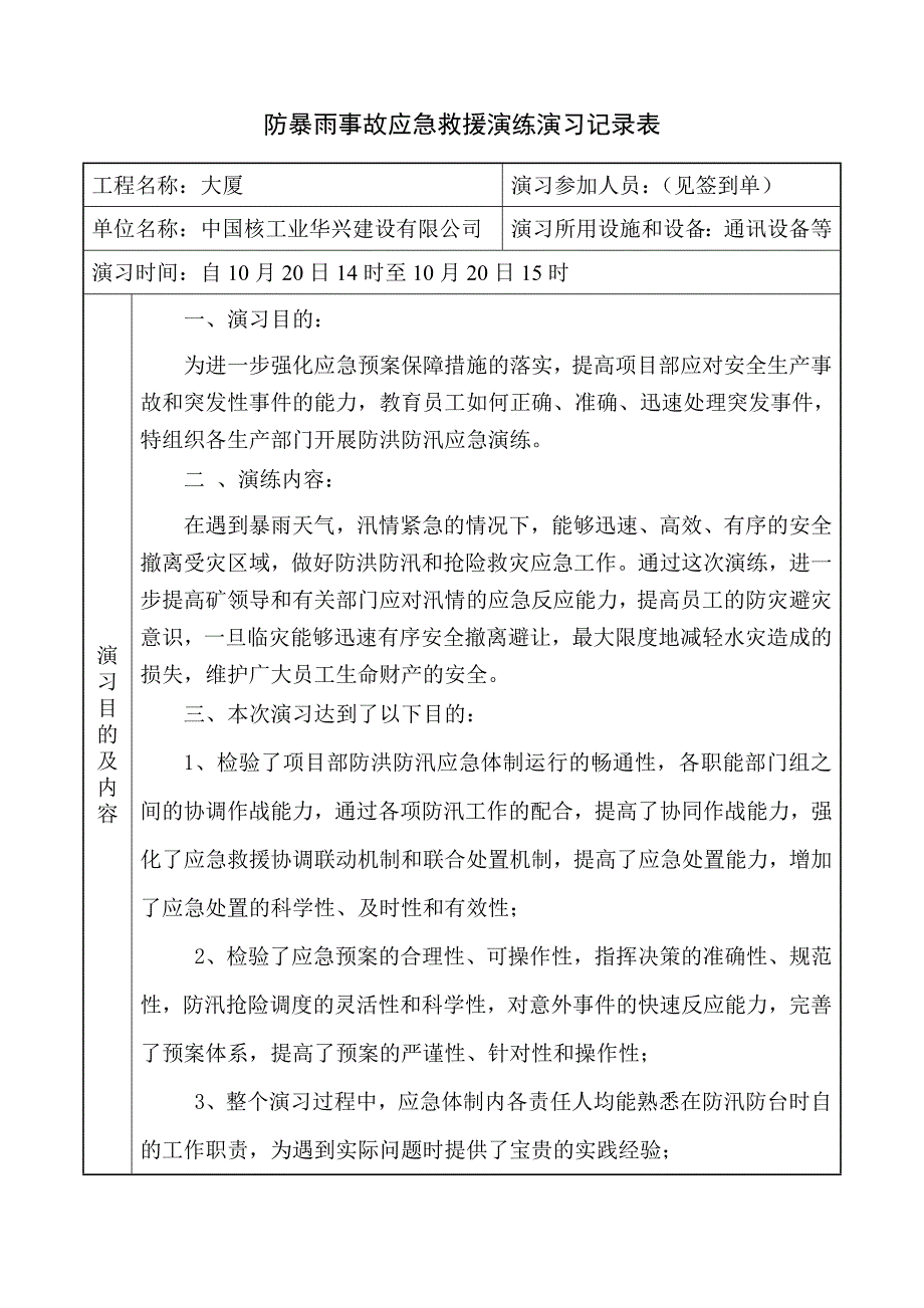 施工现场防暴雨事故应急救援演练演习记录表.doc_第1页