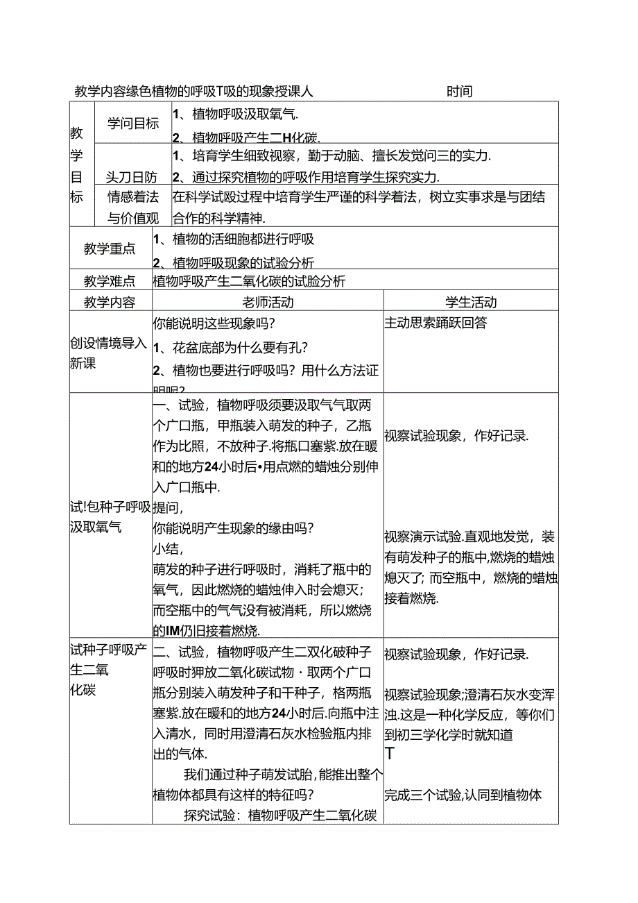 6.2 绿色植物的呼吸 教案（北京课改版七年级下）.docx_第1页