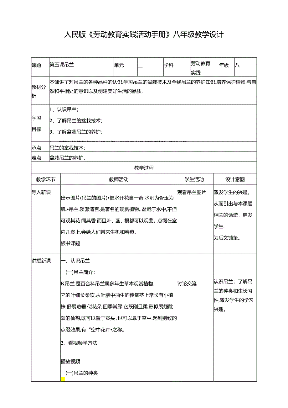 人民版综合实践活动劳动与技术八上 2.2《吊兰》教案.docx_第1页