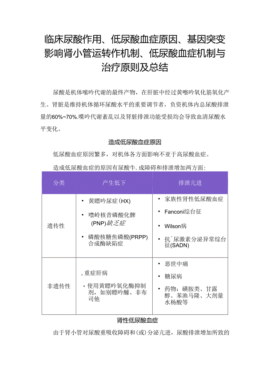 临床尿酸作用、低尿酸血症原因、基因突变影响肾小管运转作机制、低尿酸血症机制与治疗原则及总结.docx_第1页