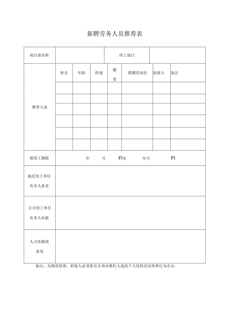 新聘劳务人员推荐表.docx_第1页